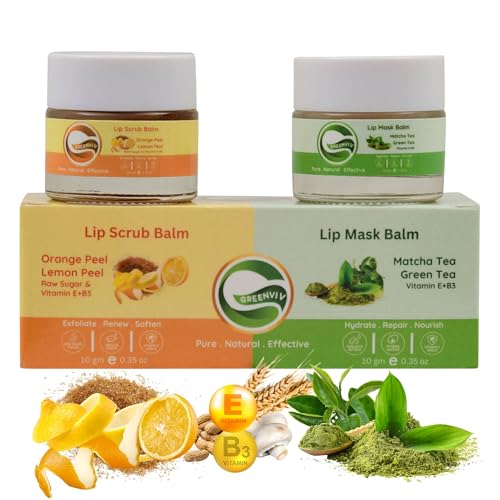 Greenviv Orange & Lemon Lip Scrub + Matcha & Green Tea Lip Mask for Dull & Dry Lips, Removes Dead Skin & Smoothens Lips | 20 g, Pack of 2 - Image 1