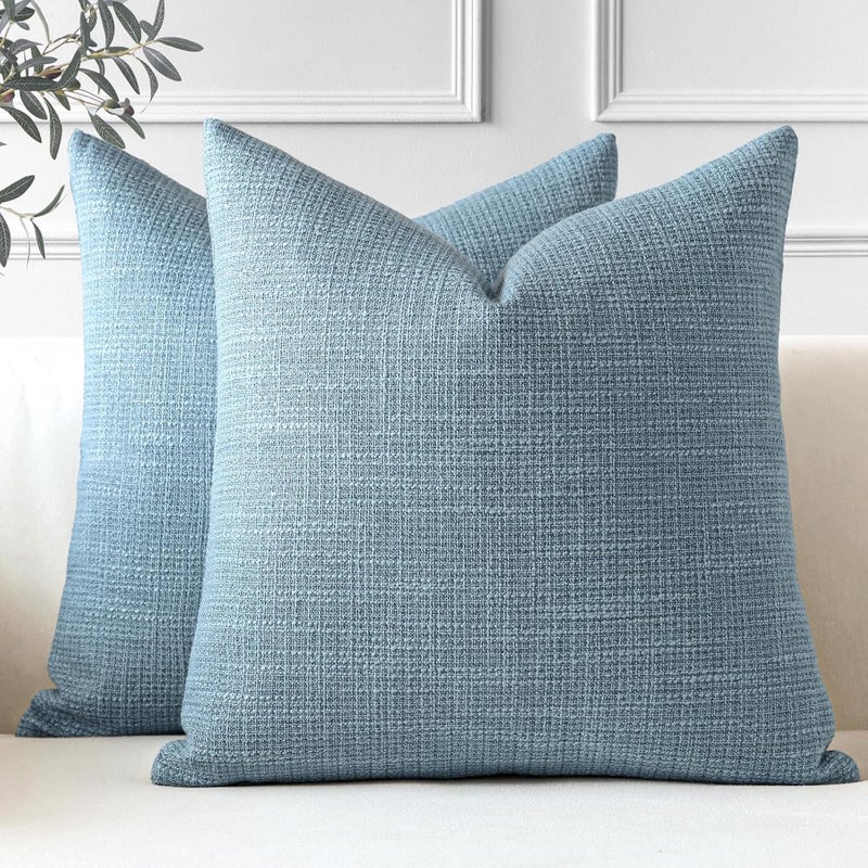 OTOSTAR Pack of 2 Throw Pillow Covers 20x20 Inch Linen Blue Pillowcases Farmhouse Decorative Solid Pillow Covers 50x50 cm Square Cushion Case for Home Decor Sofa Couch Bed (Blue) - Image 1
