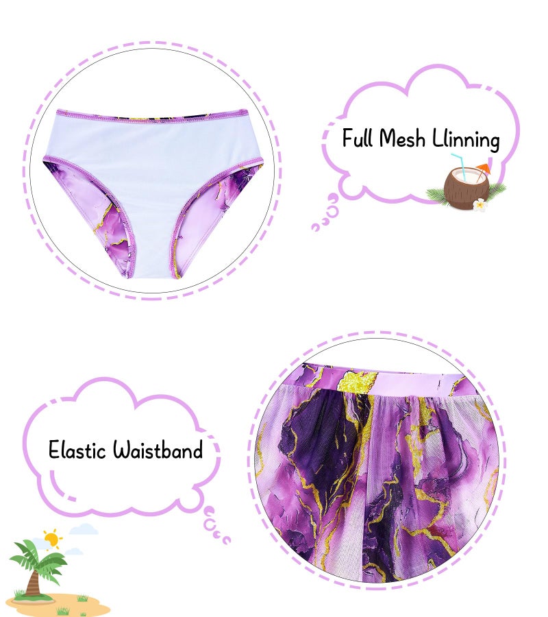 Vogseek Marble Bikini 8 9 Girl's Swimwear Purple Swimsuit 8-9 Years Big Girl Rash Guard Pants Bathing Suits for Girls 3 Pieces High Waisted Tankini for Kids Sun Protection Rashguard Ruffle Cover Ups - Image 4