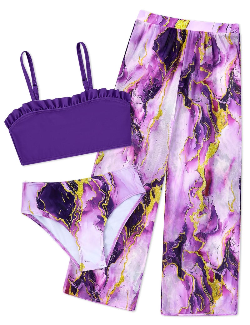 Vogseek Marble Bikini 8 9 Girl's Swimwear Purple Swimsuit 8-9 Years Big Girl Rash Guard Pants Bathing Suits for Girls 3 Pieces High Waisted Tankini for Kids Sun Protection Rashguard Ruffle Cover Ups - Image 5
