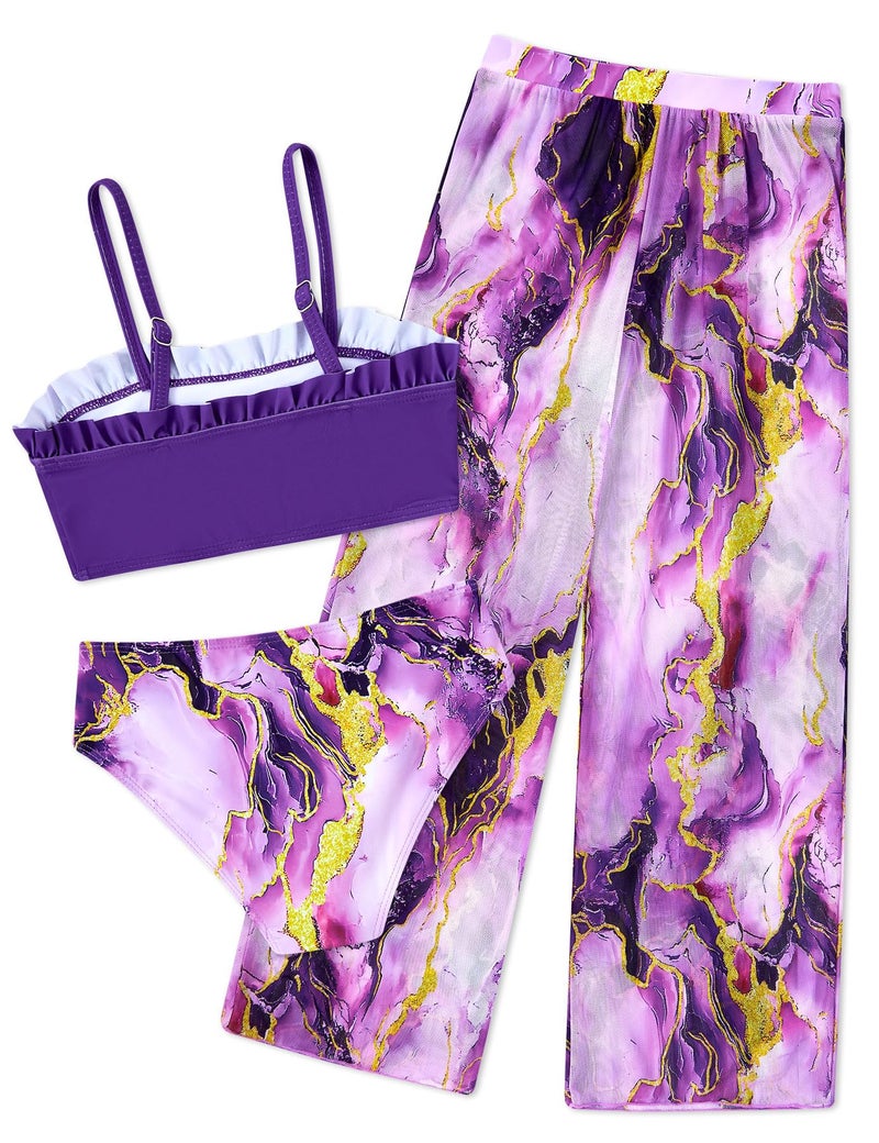 Vogseek Marble Bikini 8 9 Girl's Swimwear Purple Swimsuit 8-9 Years Big Girl Rash Guard Pants Bathing Suits for Girls 3 Pieces High Waisted Tankini for Kids Sun Protection Rashguard Ruffle Cover Ups - Image 2