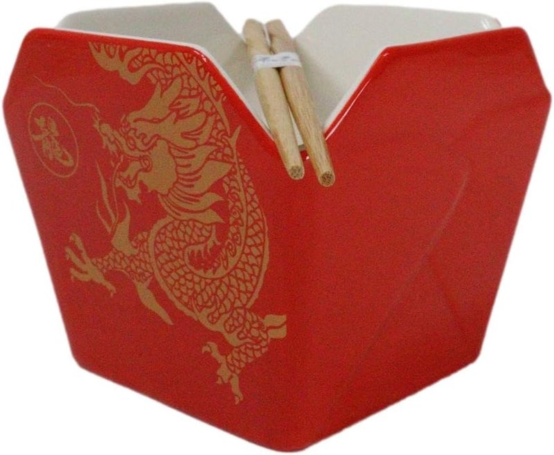 Ebros Gift Asian Takeout To Go Box Shaped Serving Bowl16Oz With Bamboo Chopsticks And Built In Rest Set Oriental Dining Rice Soup Ramen Bowls Kitchen Accent Red And Gold Long Emperor Dragon - Image 2