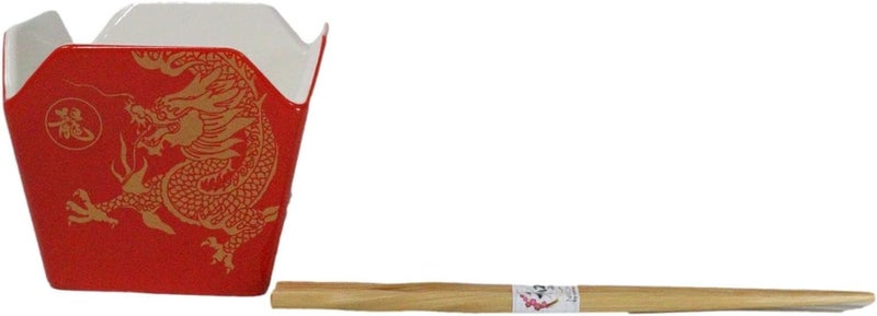 Ebros Gift Asian Takeout To Go Box Shaped Serving Bowl16Oz With Bamboo Chopsticks And Built In Rest Set Oriental Dining Rice Soup Ramen Bowls Kitchen Accent Red And Gold Long Emperor Dragon - Image 4