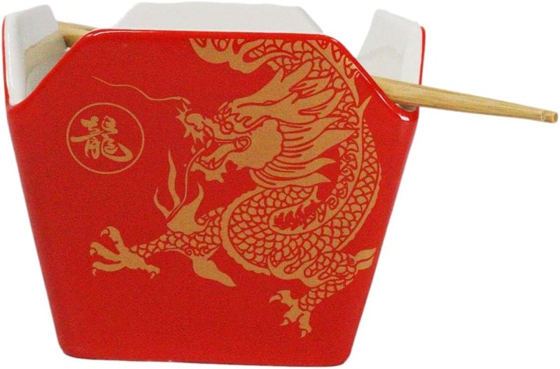 Ebros Gift Asian Takeout To Go Box Shaped Serving Bowl16Oz With Bamboo Chopsticks And Built In Rest Set Oriental Dining Rice Soup Ramen Bowls Kitchen Accent Red And Gold Long Emperor Dragon - Image 1