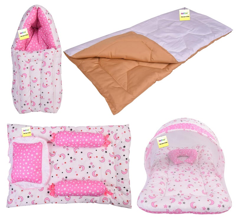Kwitchy New Born Bedding Combo of Baby Mattress with Net Sleeping Bag Gaddi Set Comforter 06 Months Pink 4PCS Set