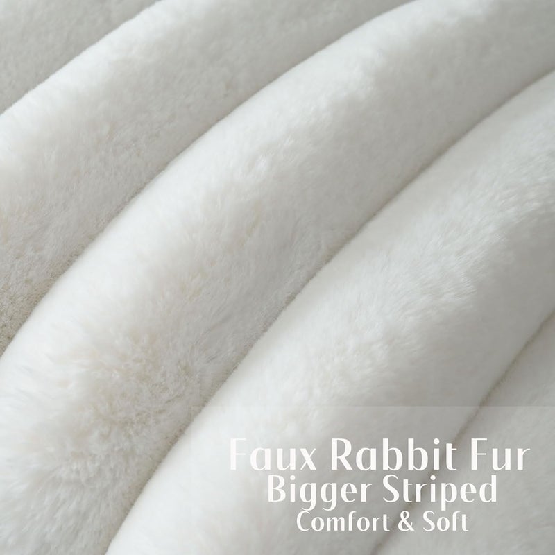 FUTEI Cream White Decorative Throw Pillow Covers 20x20 Inch Set of 2, Square Soft Faux Rabbit Fur Big Striped Cushion Cover,Home Decor for Couch Sofa Bed Living Room - Image 2