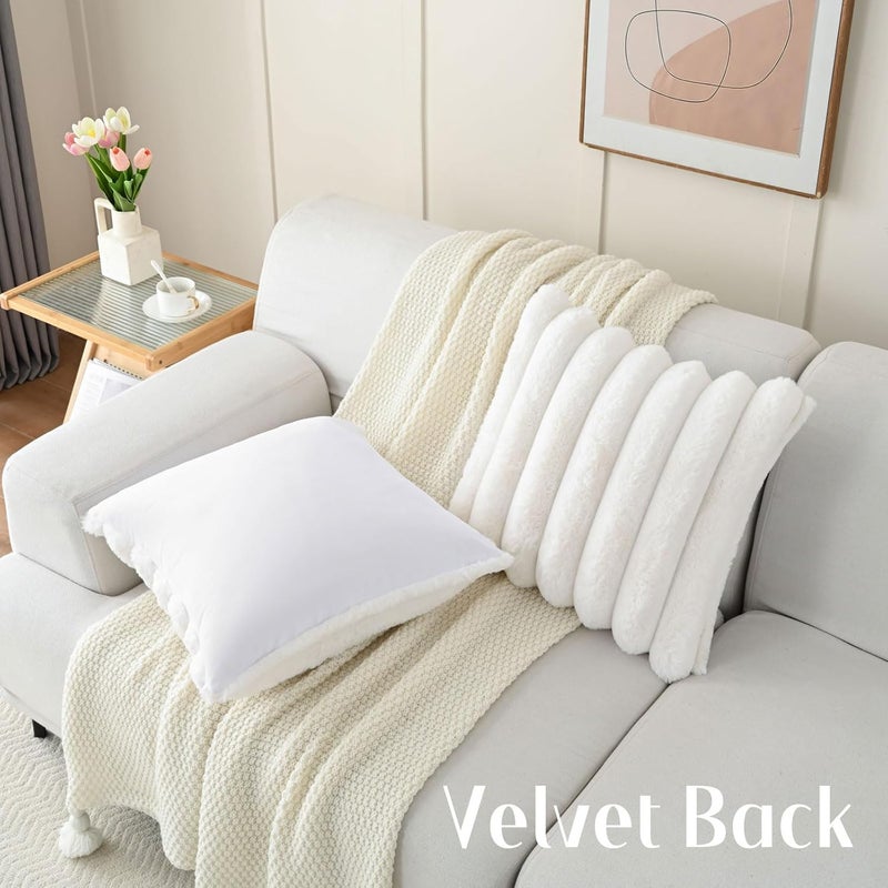 FUTEI Cream White Decorative Throw Pillow Covers 20x20 Inch Set of 2, Square Soft Faux Rabbit Fur Big Striped Cushion Cover,Home Decor for Couch Sofa Bed Living Room - Image 4