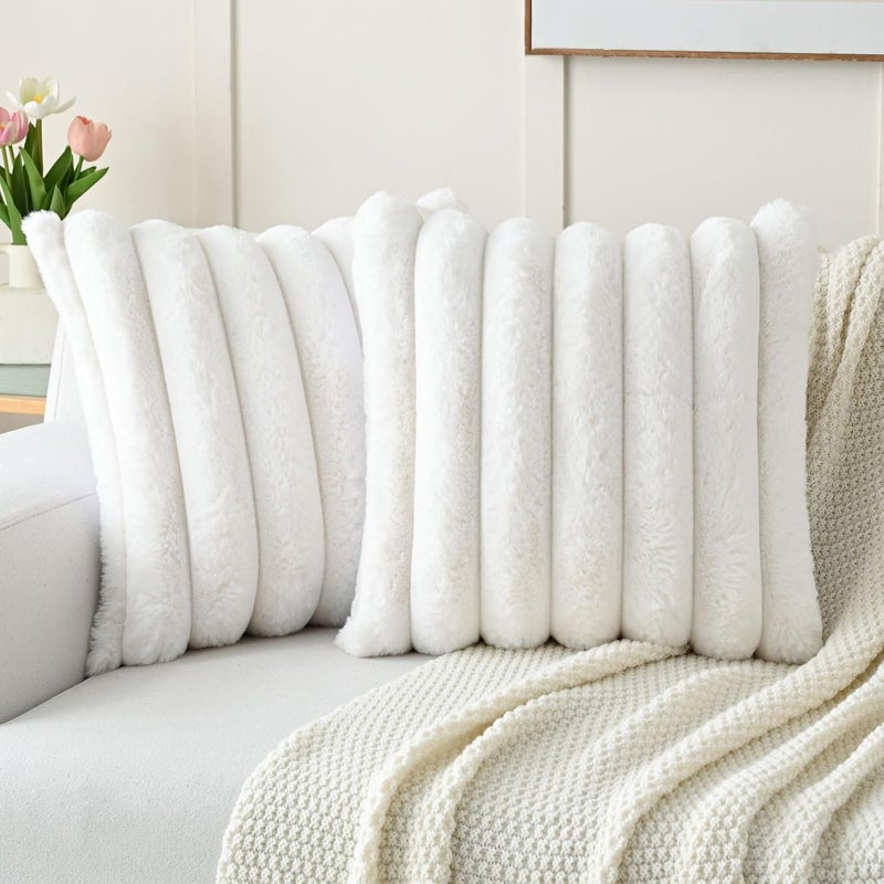 FUTEI Cream White Decorative Throw Pillow Covers 20x20 Inch Set of 2, Square Soft Faux Rabbit Fur Big Striped Cushion Cover,Home Decor for Couch Sofa Bed Living Room - Image 1