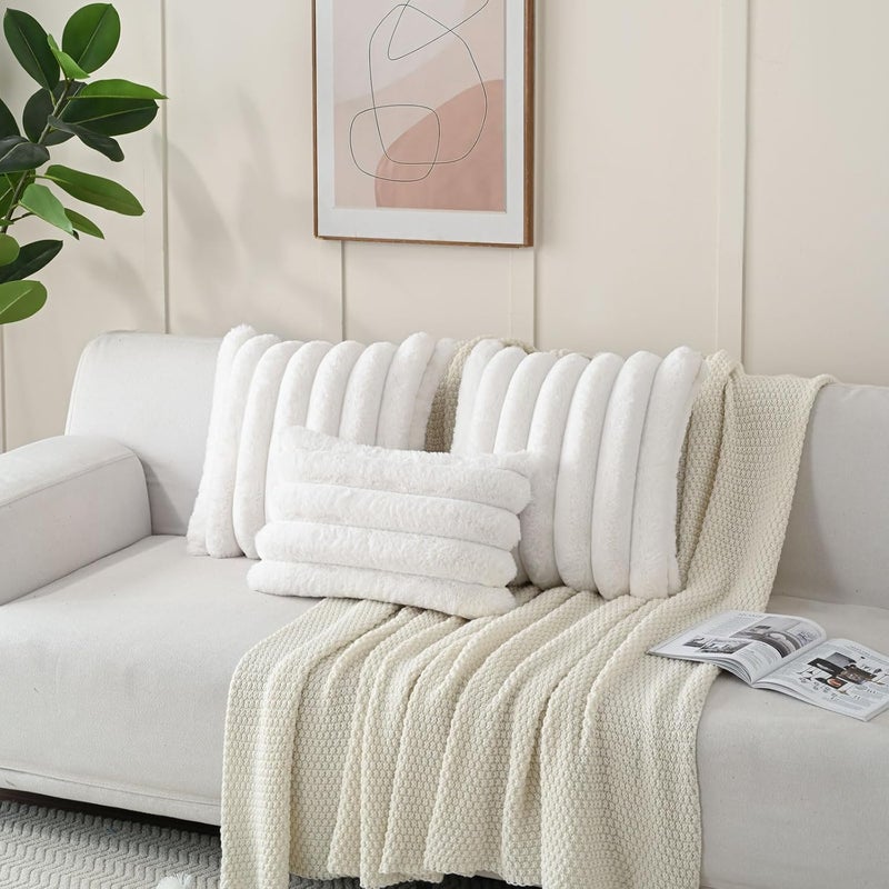 FUTEI Cream White Decorative Throw Pillow Covers 20x20 Inch Set of 2, Square Soft Faux Rabbit Fur Big Striped Cushion Cover,Home Decor for Couch Sofa Bed Living Room - Image 5