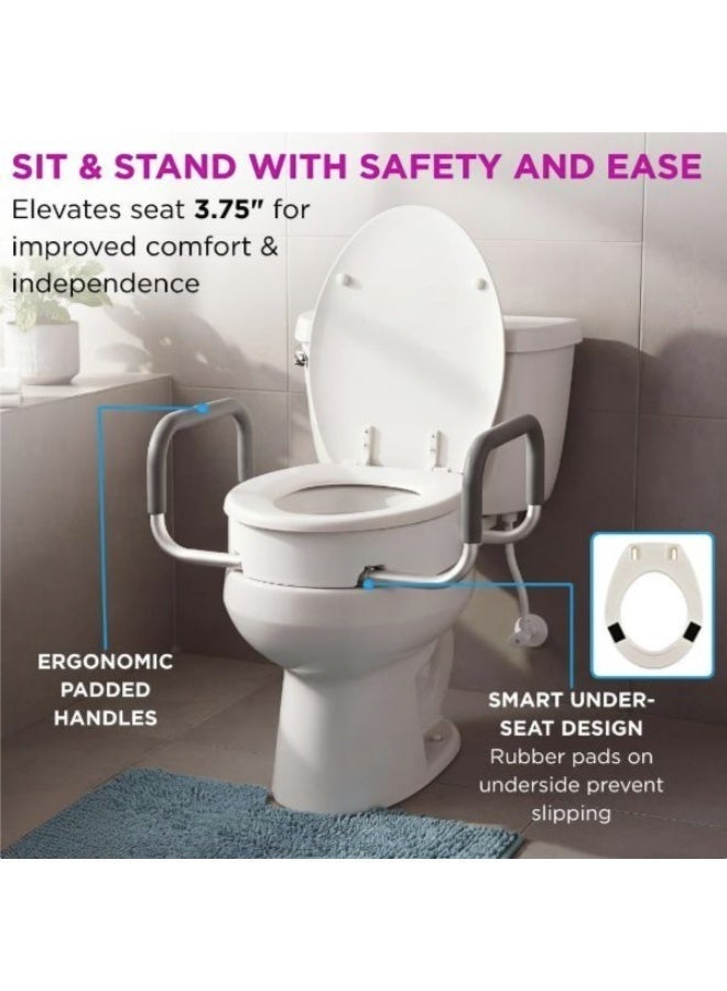 A raised toilet seat with grab bars that mounts under the seat, 3.75 inches high, with padded armrests for rectangular toilets. - Image 5