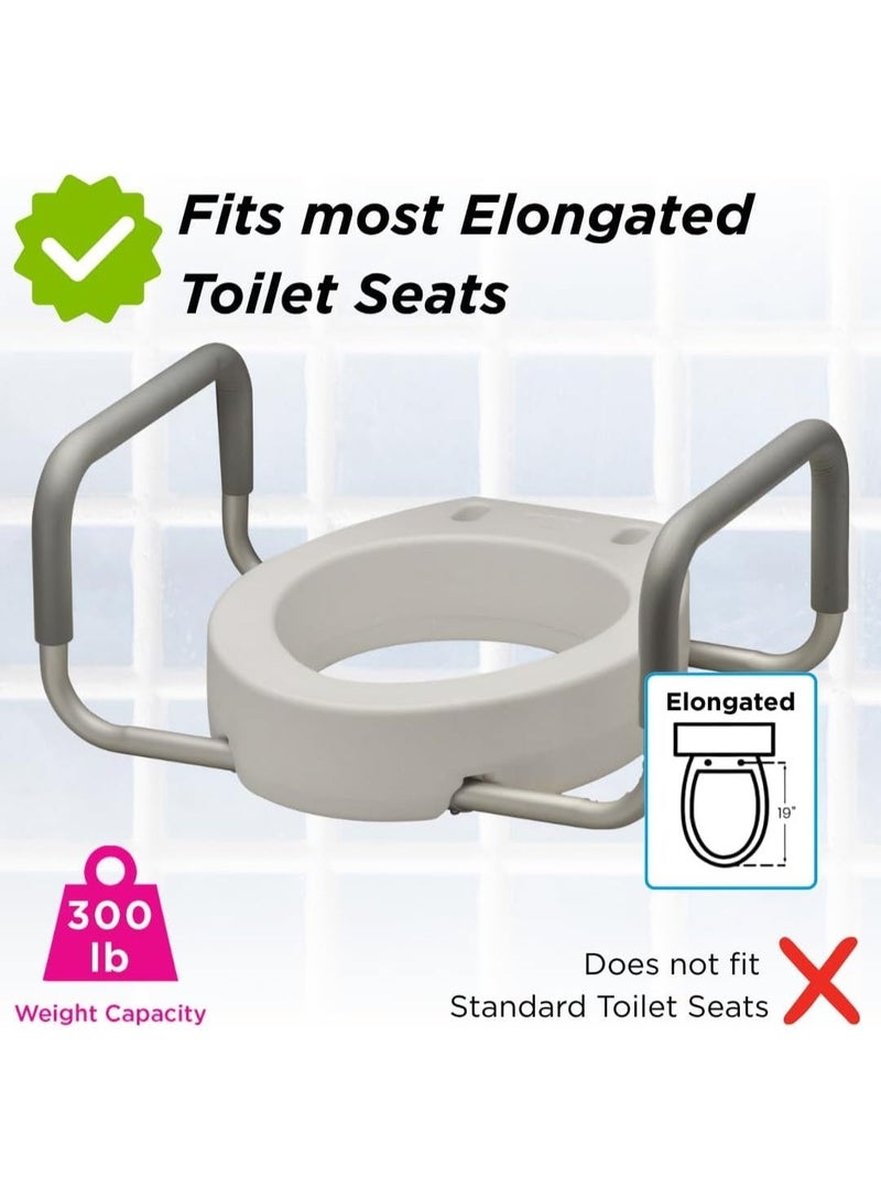 A raised toilet seat with grab bars that mounts under the seat, 3.75 inches high, with padded armrests for rectangular toilets. - Image 2