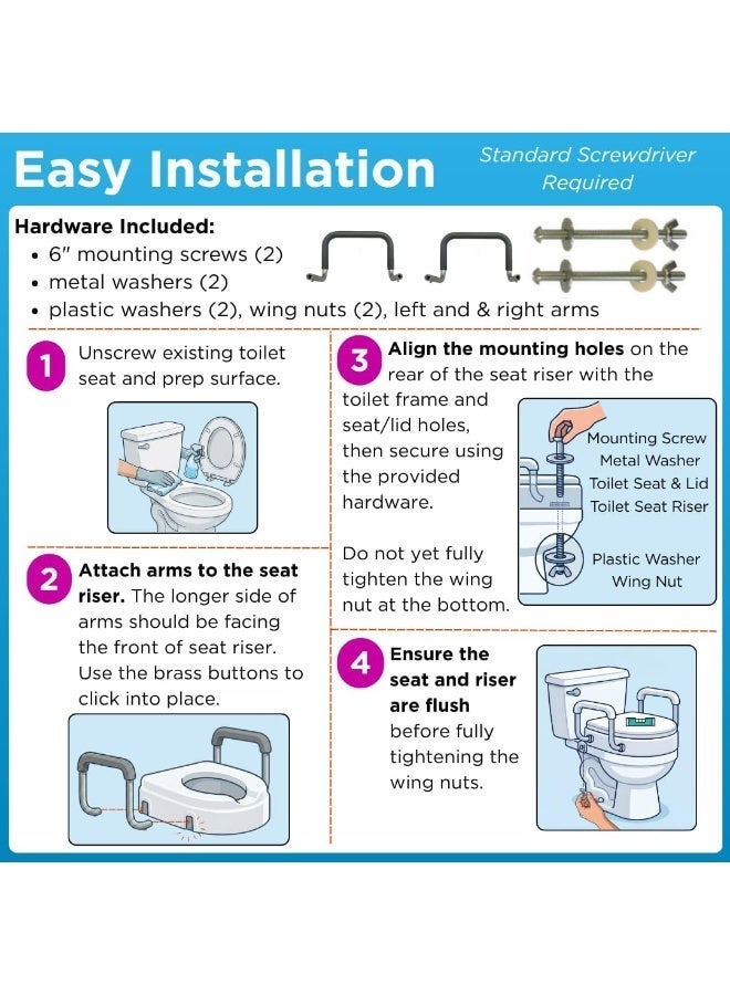 A raised toilet seat with grab bars that mounts under the seat, 3.75 inches high, with padded armrests for rectangular toilets. - Image 4