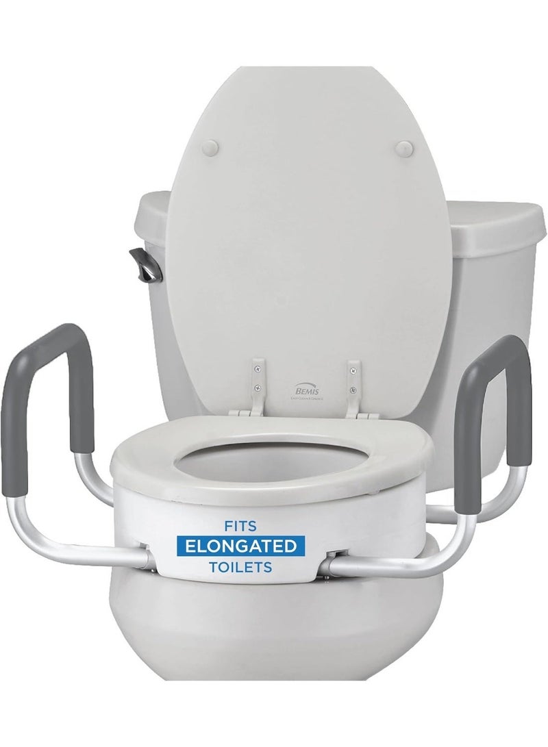 A raised toilet seat with grab bars that mounts under the seat, 3.75 inches high, with padded armrests for rectangular toilets. - Image 1