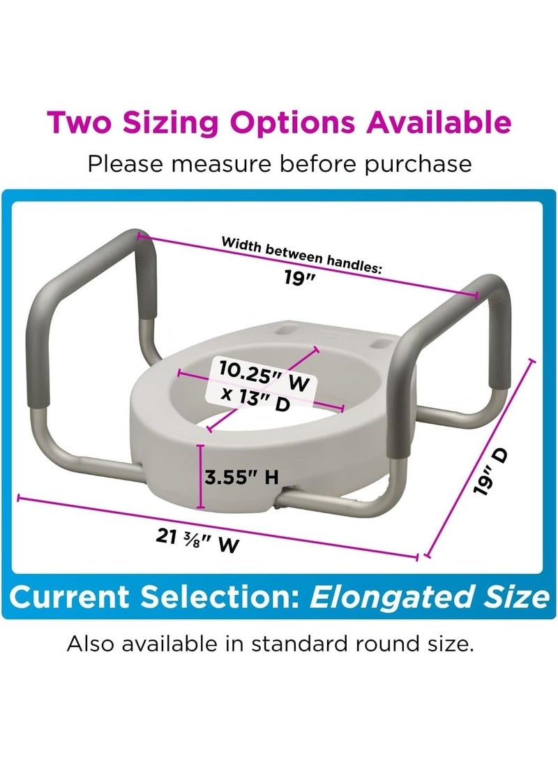 A raised toilet seat with grab bars that mounts under the seat, 3.75 inches high, with padded armrests for rectangular toilets. - Image 3