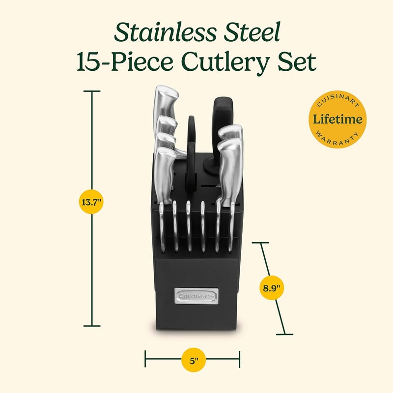 Cuisinart Block Knife Set, 15pc Ultra Ultra- Sharp Cutlery Knife Set with Steel Blades for Precise Cutting, Lightweight, Stainless Steel, Durable & Dishwasher Safe, C77SS-15PK - Image 5