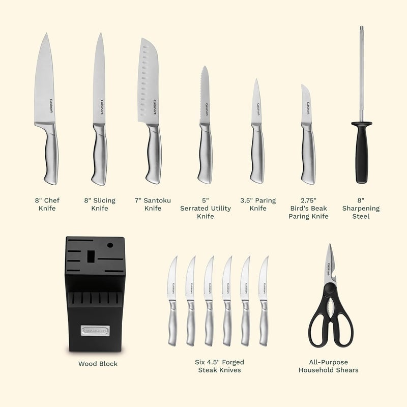 Cuisinart Block Knife Set, 15pc Ultra Ultra- Sharp Cutlery Knife Set with Steel Blades for Precise Cutting, Lightweight, Stainless Steel, Durable & Dishwasher Safe, C77SS-15PK - Image 4