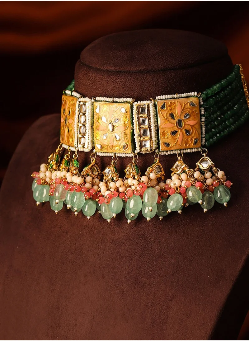 Priyaasi Kundan-Studded  Emerald Beaded Geometric style Jewellery Set