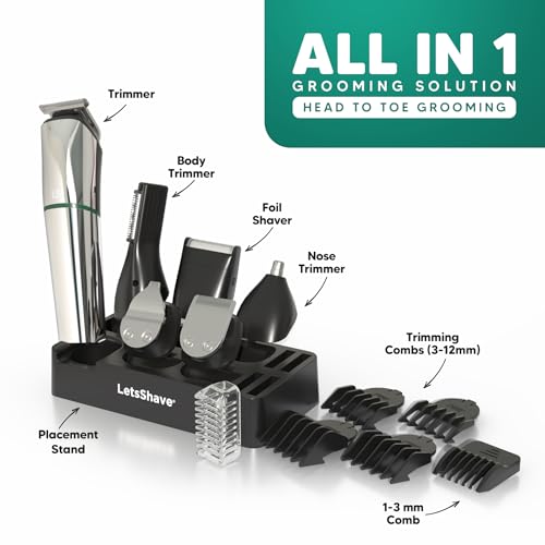 LetsShave Head, Face & Body Groomer for Men, 6 Grooming Heads + 6 Combs + 1 Stand | 90Min Runtime & Water Proof | Full Body Trimmer, Nose Trimmer, Grooming Kit, Shaver Head - Image 2