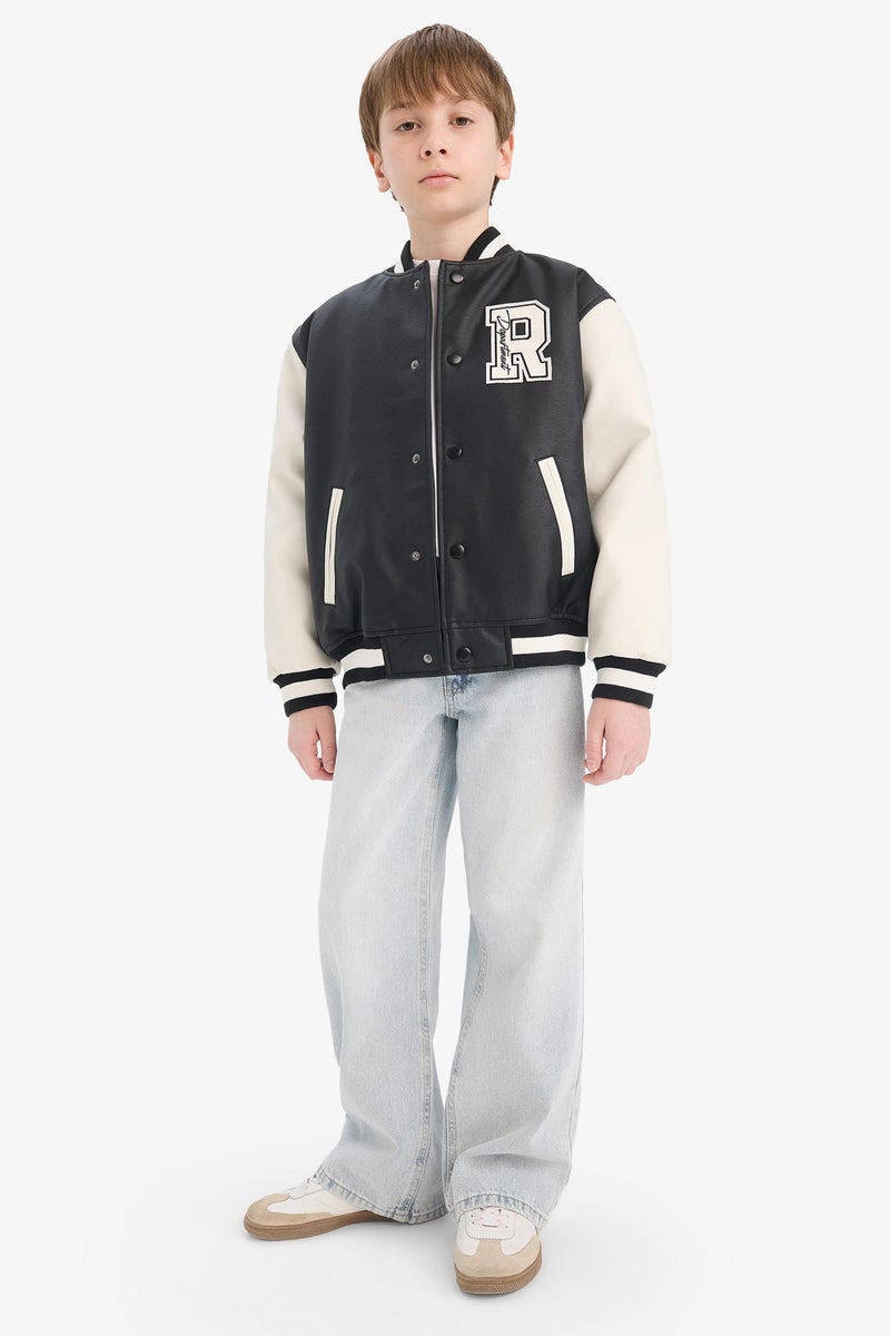 ديفاكتو جاكيت بومبر اولادي جلد صناعي وتر بروف بياقة كوليج - Image 4