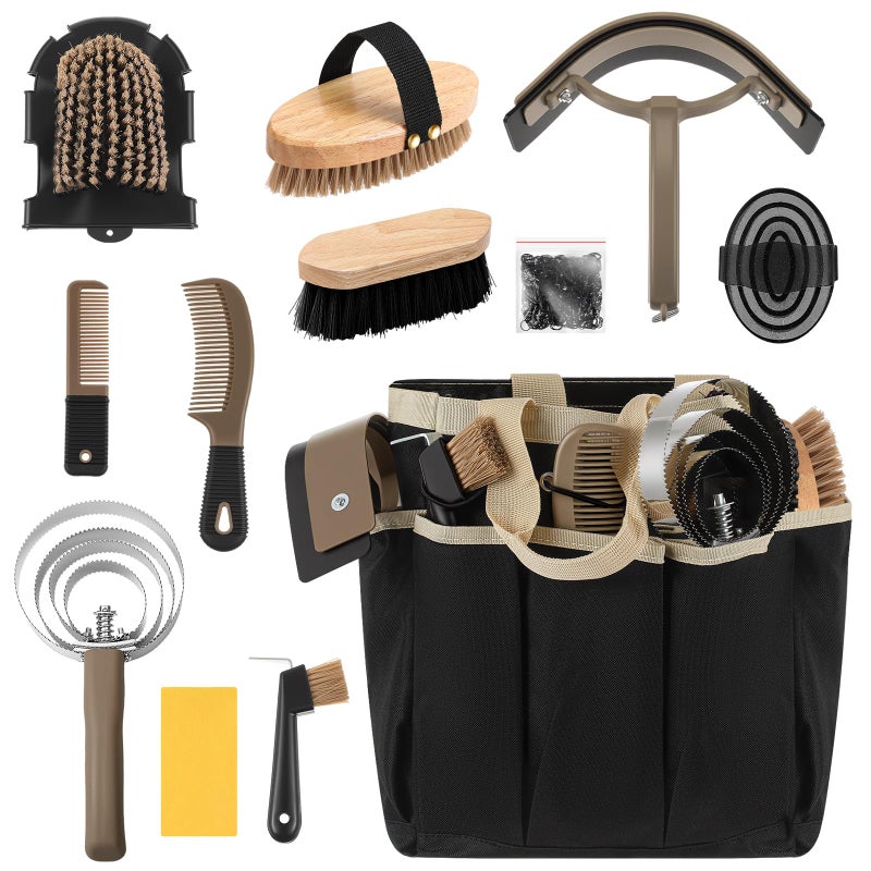 Abbylike 12 Piece Horse Grooming Kit with Organizer Tote Bag Brush Sets for Derby Day Show Horses Professional Tools for Care Massage - Image 2