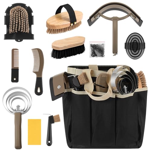 Abbylike 12 Piece Horse Grooming Kit with Organizer Tote Bag Brush Sets for Derby Day Show Horses Professional Tools for Care Massage - Image 1