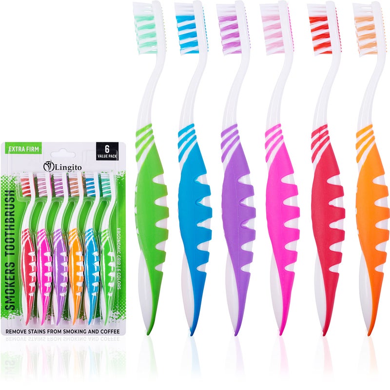 Lingito Extra Firm Toothbrush, Hard Bristle Toothbrush Set for Adults or Smokers Travel Kit, Multicolor Denture Brush, Large Head, Manual Travel Toothbrush Hard Bristles - Image 1