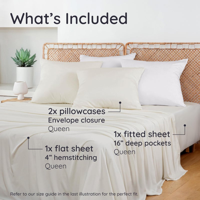 Bambaw 100% Viscose Derived from Bamboo Queen Size Sheet Set - 4pcs Cooling Sheets for Hot Sleepers, Soft Deep Pocket Queen Sheets Fits Up to 16'' with Elastic Corner Straps (Ivory) - Image 2