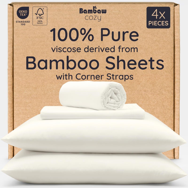 Bambaw 100% Viscose Derived from Bamboo Queen Size Sheet Set - 4pcs Cooling Sheets for Hot Sleepers, Soft Deep Pocket Queen Sheets Fits Up to 16'' with Elastic Corner Straps (Ivory) - Image 1