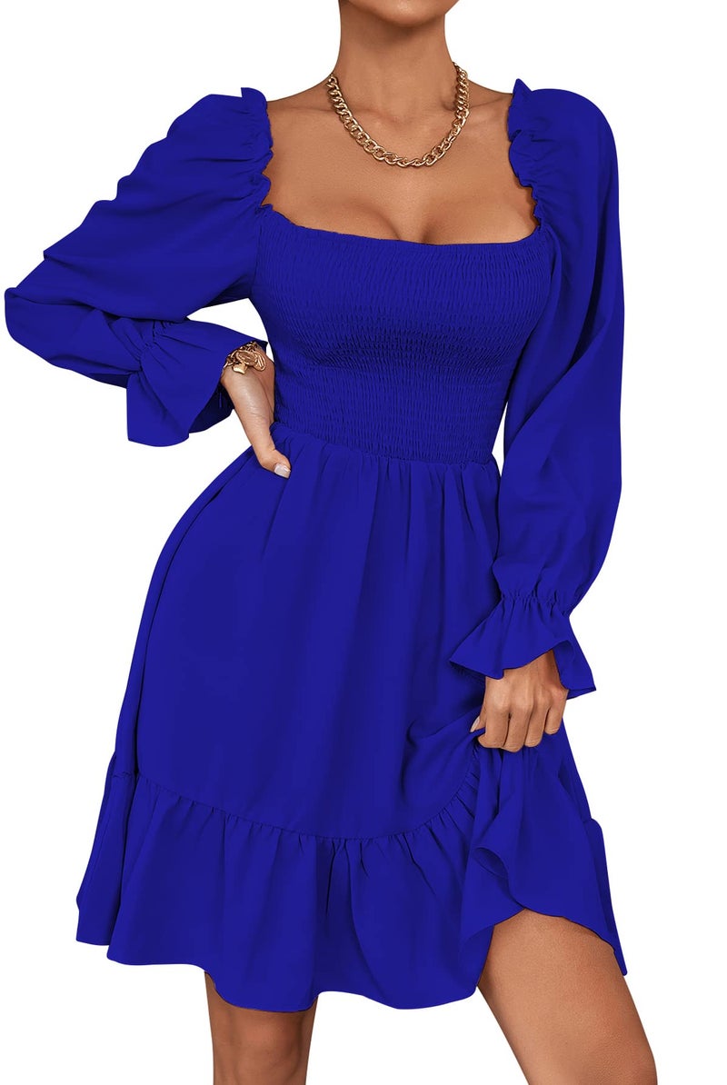 LYANER Womens Square Neck Lantern Long Sleeve Ruffle Shirred Flowy Party Mini Dress Royal Blue Large