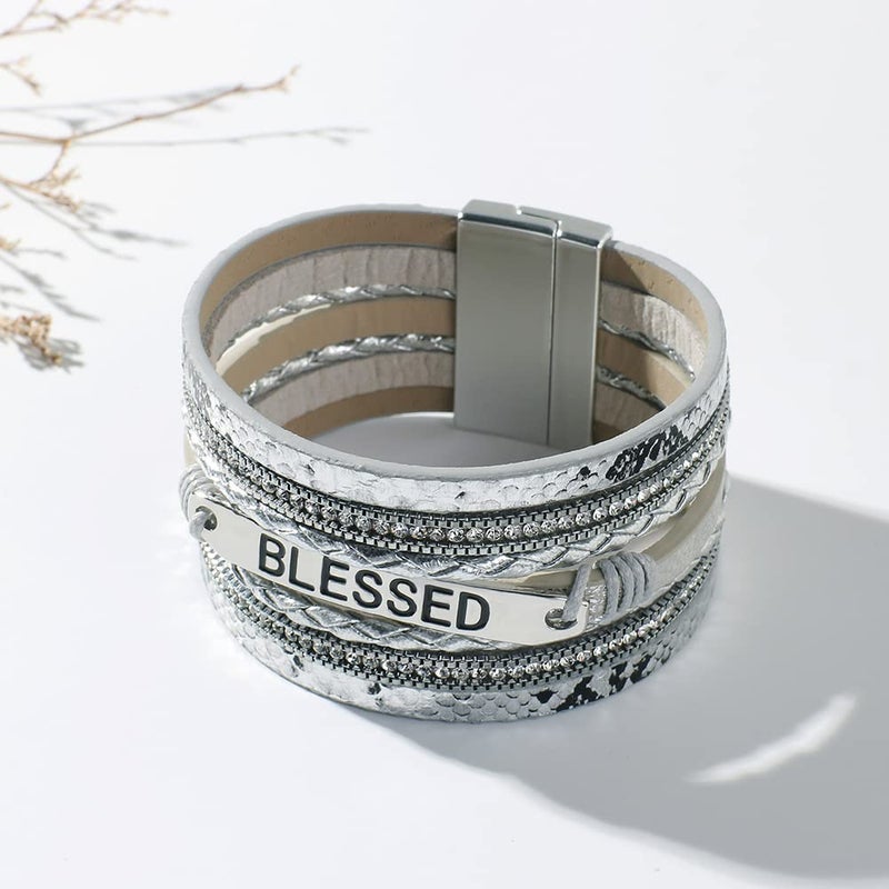 Vercret Leather Wrap Bracelet for Women - Boho Multi-Layer Blessed Inspiration Bangle Cuff Bracelet with Magnetic Clasp for lady and Mother - Image 2