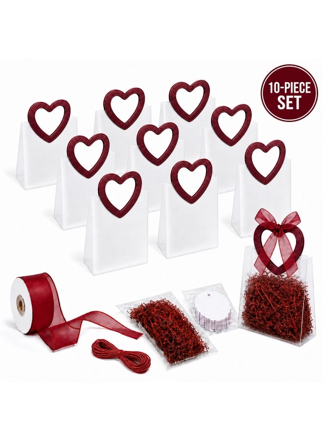 KeyAmor 10-Piece Transparent Matte Red Gift Bags Set With Heart Shape Red Leather Handles 16 x 8 x 18.5 cm - Image 1