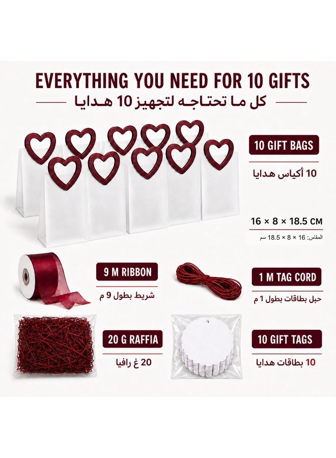 KeyAmor 10-Piece Transparent Matte Red Gift Bags Set With Heart Shape Red Leather Handles 16 x 8 x 18.5 cm - Image 2
