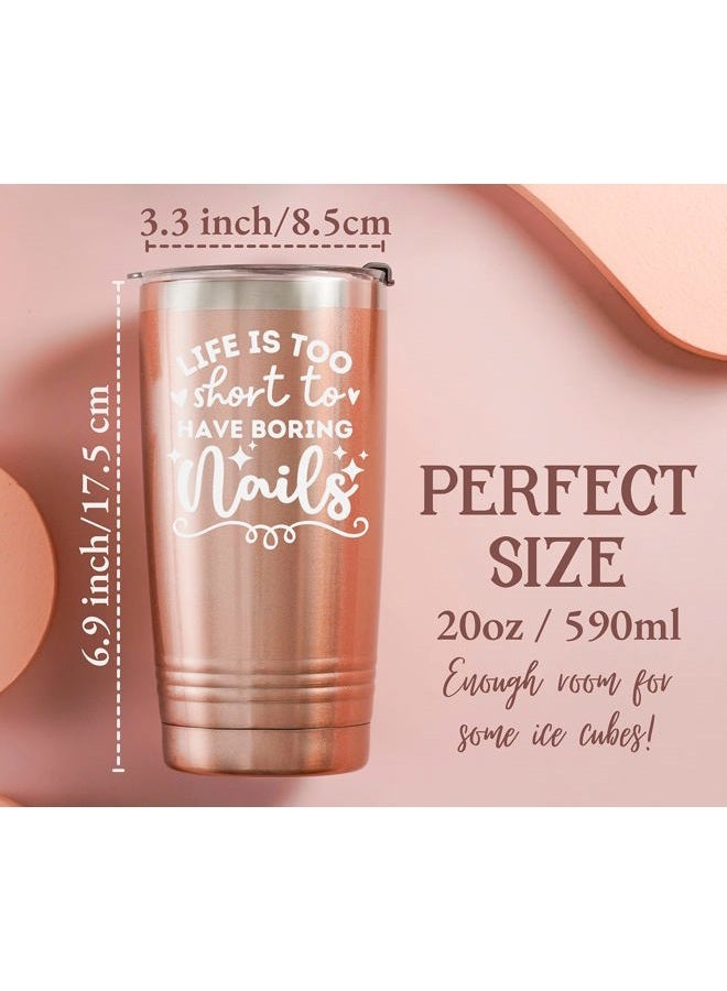 Onebttl Funny Nail Tech Gifts, Nail Tech Must Haves - Life If Too Short To Have Boring Nails - 20oz Stainless Steel Mug with Lid and Straw - Rose Gold - Image 2