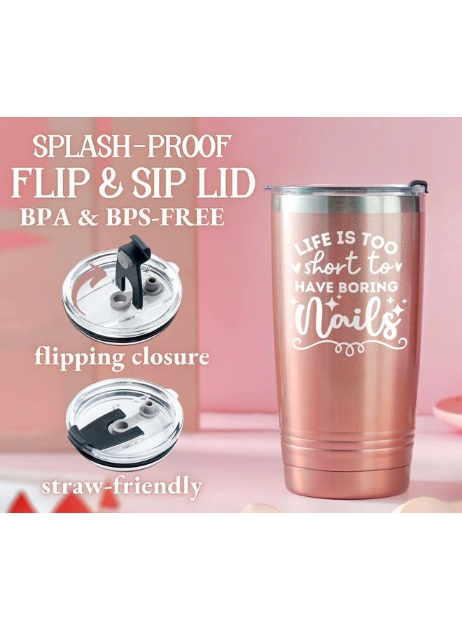 Onebttl Funny Nail Tech Gifts, Nail Tech Must Haves - Life If Too Short To Have Boring Nails - 20oz Stainless Steel Mug with Lid and Straw - Rose Gold - Image 4