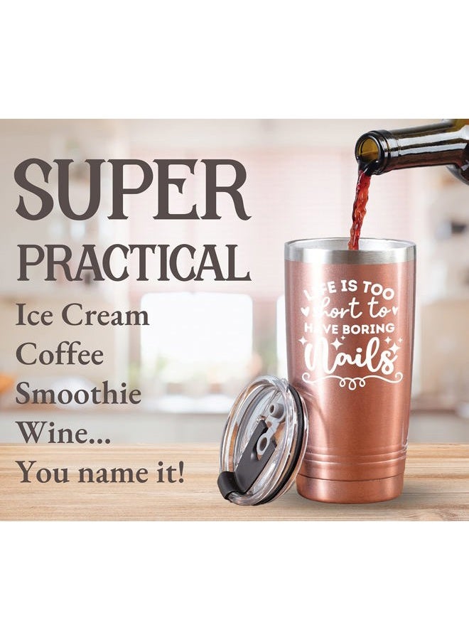 Onebttl Funny Nail Tech Gifts, Nail Tech Must Haves - Life If Too Short To Have Boring Nails - 20oz Stainless Steel Mug with Lid and Straw - Rose Gold - Image 3
