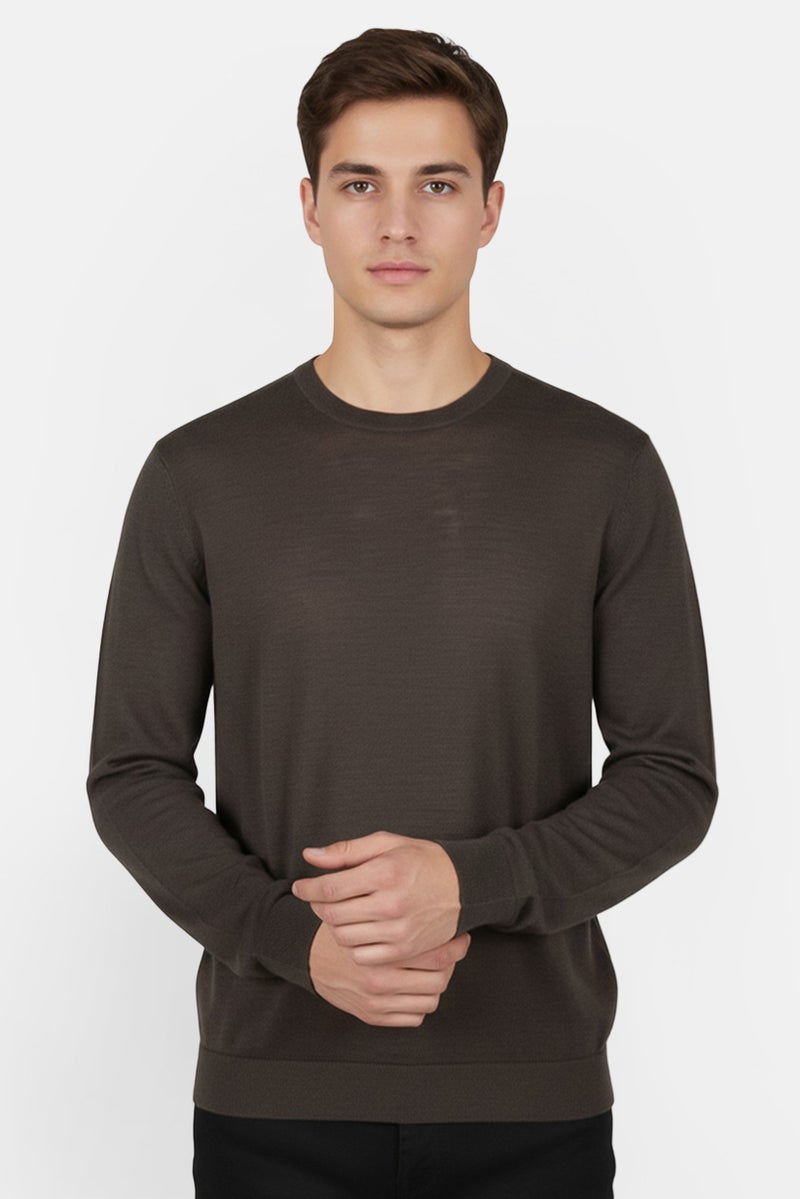 Selected Homme Men Crew Neck Long Sleeve Solid Sweater, Dark Olive - Image 1