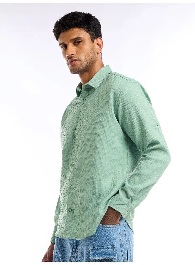 Beyoung Pista Green Full Sleeve Waffle Shirt For Men
