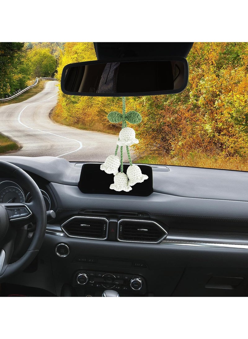INSIJAM Mirror Hanging Car Accessories Cute Little Lily of The Valley Car Rearview Mirror Accessories Hand Knitted Crochet Flower Decor for Mirror Rear View Mirrors Key Chains - Image 5
