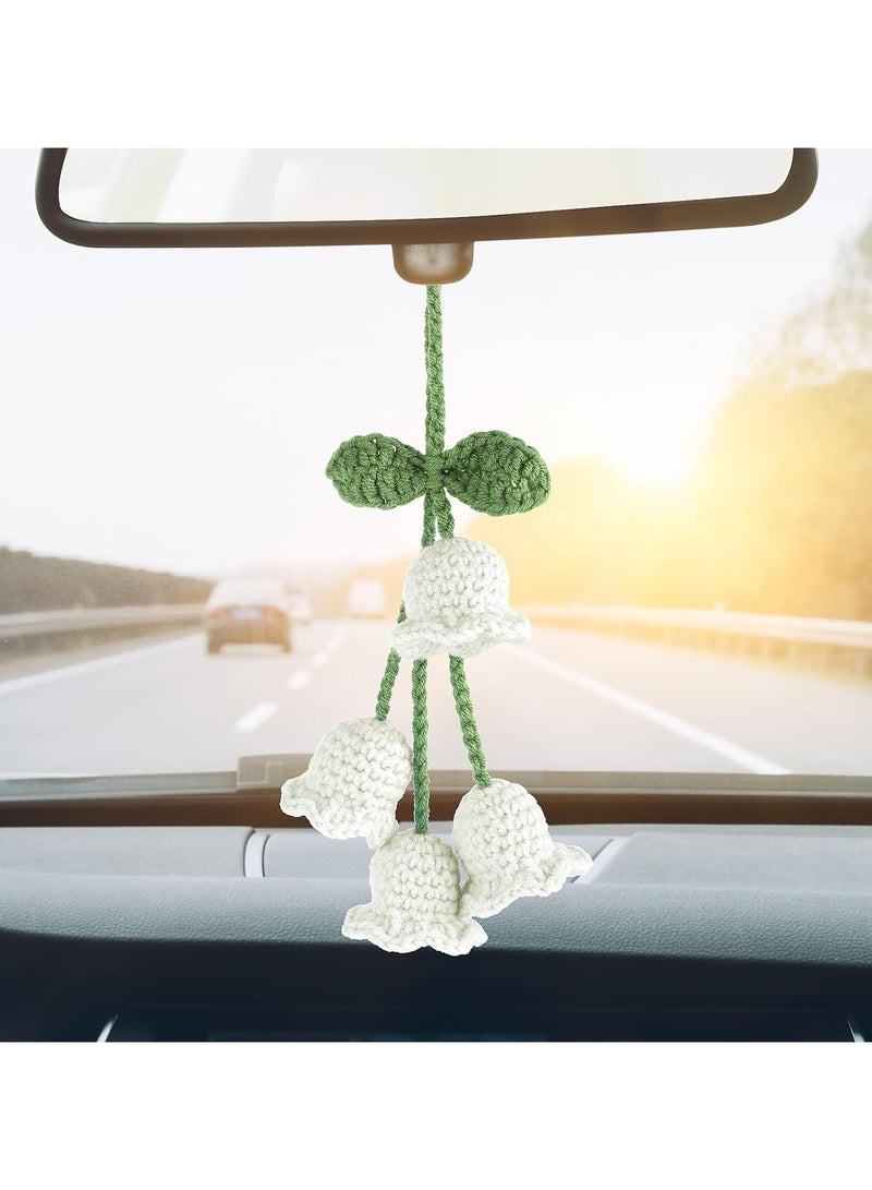 INSIJAM Mirror Hanging Car Accessories Cute Little Lily of The Valley Car Rearview Mirror Accessories Hand Knitted Crochet Flower Decor for Mirror Rear View Mirrors Key Chains - Image 1