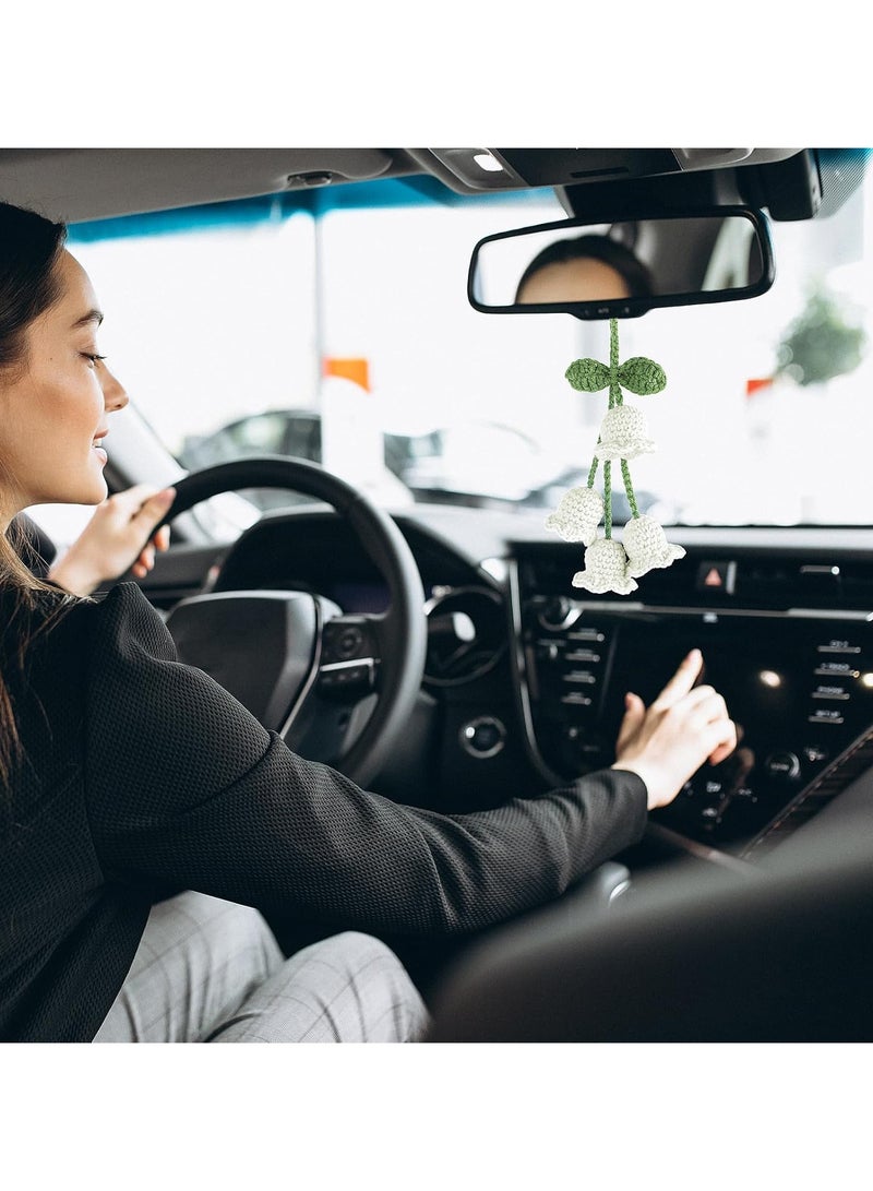 INSIJAM Mirror Hanging Car Accessories Cute Little Lily of The Valley Car Rearview Mirror Accessories Hand Knitted Crochet Flower Decor for Mirror Rear View Mirrors Key Chains - Image 2