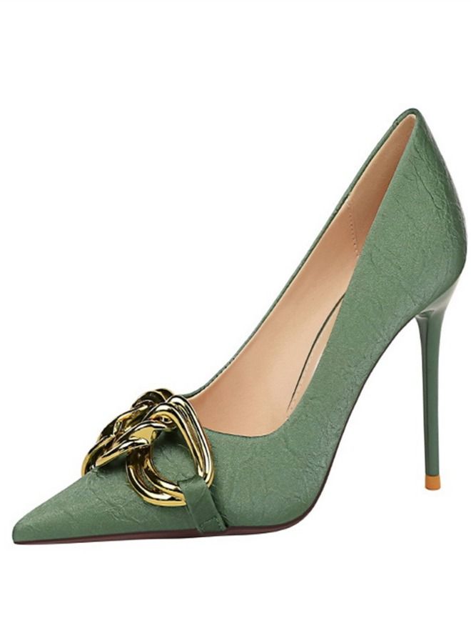 BIGTREE حذاء بكعب عالٍ بمشبك معدني كبير ومدبب بشكل ضحل 9.5 سم، أخضر - Image 3