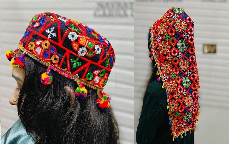 Doorbag غطاء رأس طويل وقصير ملون متعدد الألوان لاحتفالات نافراتري مع داندييا، دانتيل كوتشي، بوم بوم وقشرة كودي – غطاء رأس تقليدي فاخر للرجال والنساء - Image 2