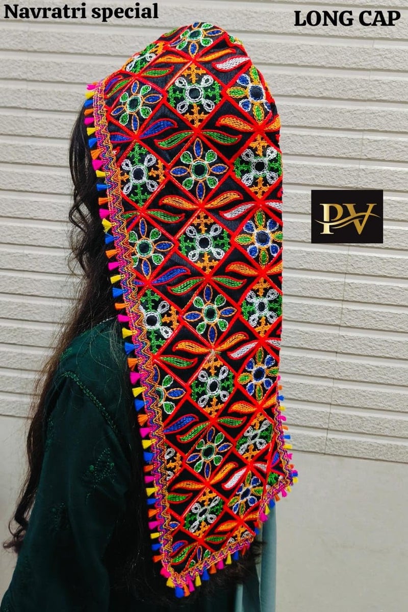 Doorbag غطاء رأس طويل وقصير ملون متعدد الألوان لاحتفالات نافراتري مع داندييا، دانتيل كوتشي، بوم بوم وقشرة كودي – غطاء رأس تقليدي فاخر للرجال والنساء - Image 5