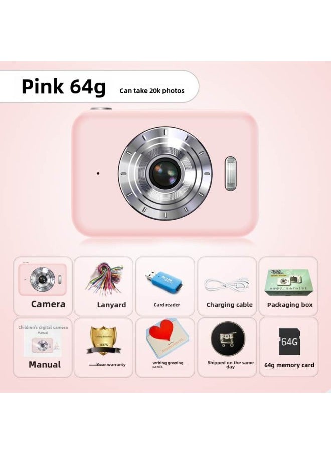 Generic Retro CCD Student Digital Camera Campus Mini HD High Pixel Small Student Party Birthday Gift-Body Color:Girly Pink  - 64g High-speed Memory Card, Free Gift Package  - Image 1