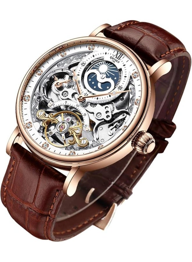 KINYUED Mens Luxury Skeleton Automatic Mechanical Wrist Watches Leather Moon Phrase Luminous Hands Self-Wind Watch - Image 1