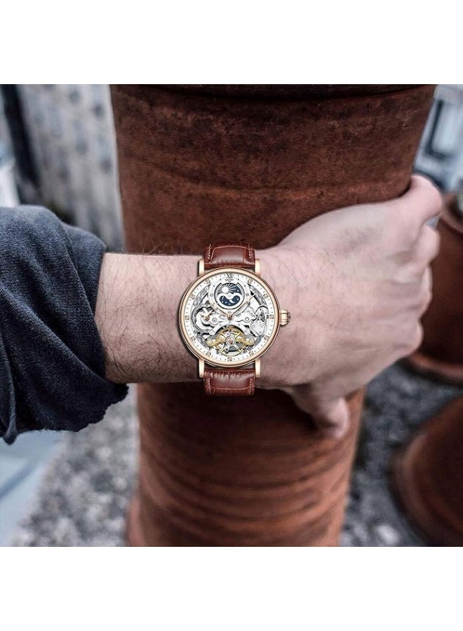 KINYUED Mens Luxury Skeleton Automatic Mechanical Wrist Watches Leather Moon Phrase Luminous Hands Self-Wind Watch - Image 2