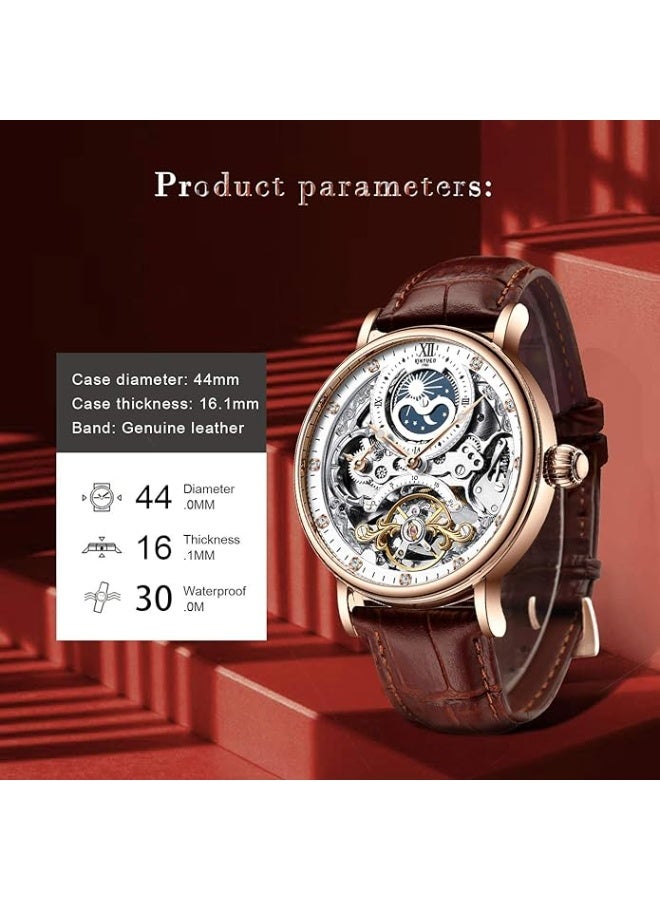 KINYUED Mens Luxury Skeleton Automatic Mechanical Wrist Watches Leather Moon Phrase Luminous Hands Self-Wind Watch - Image 3