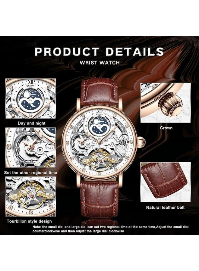 KINYUED Mens Luxury Skeleton Automatic Mechanical Wrist Watches Leather Moon Phrase Luminous Hands Self-Wind Watch - Image 4