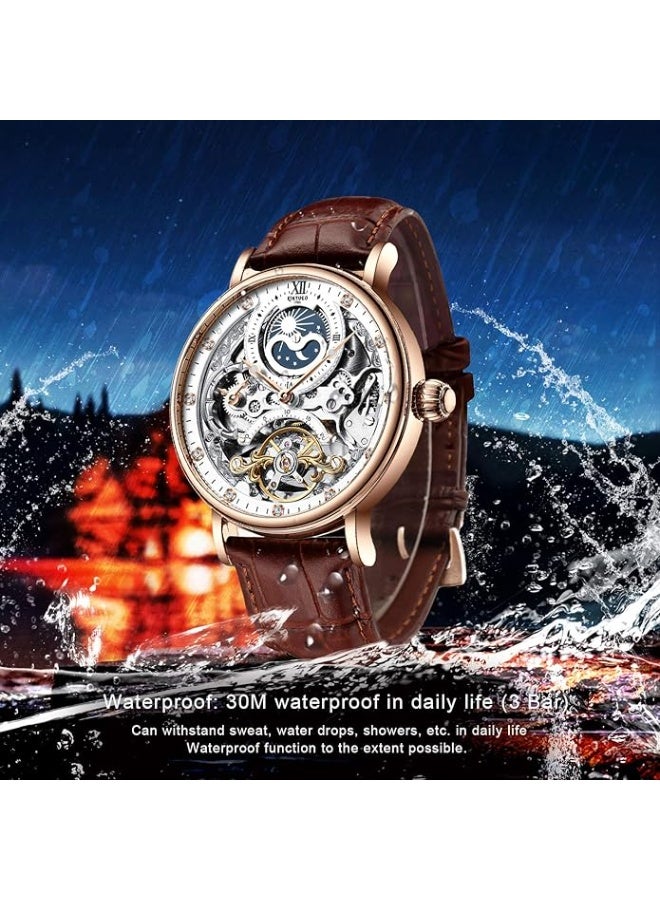 KINYUED Mens Luxury Skeleton Automatic Mechanical Wrist Watches Leather Moon Phrase Luminous Hands Self-Wind Watch - Image 5