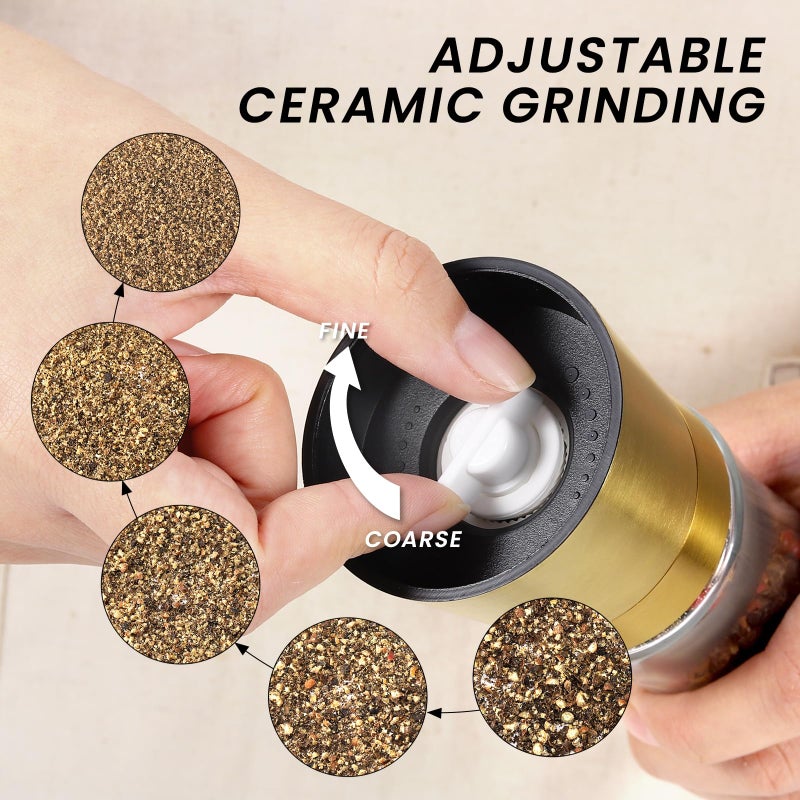 VEVOK CHEF Gold Salt and Pepper Grinder Mill Set Stainless Steel Pepper Shaker Adjustable Ceramic Coarseness Salt Grinder Black Pepper Spice Grinder Mill - Image 4